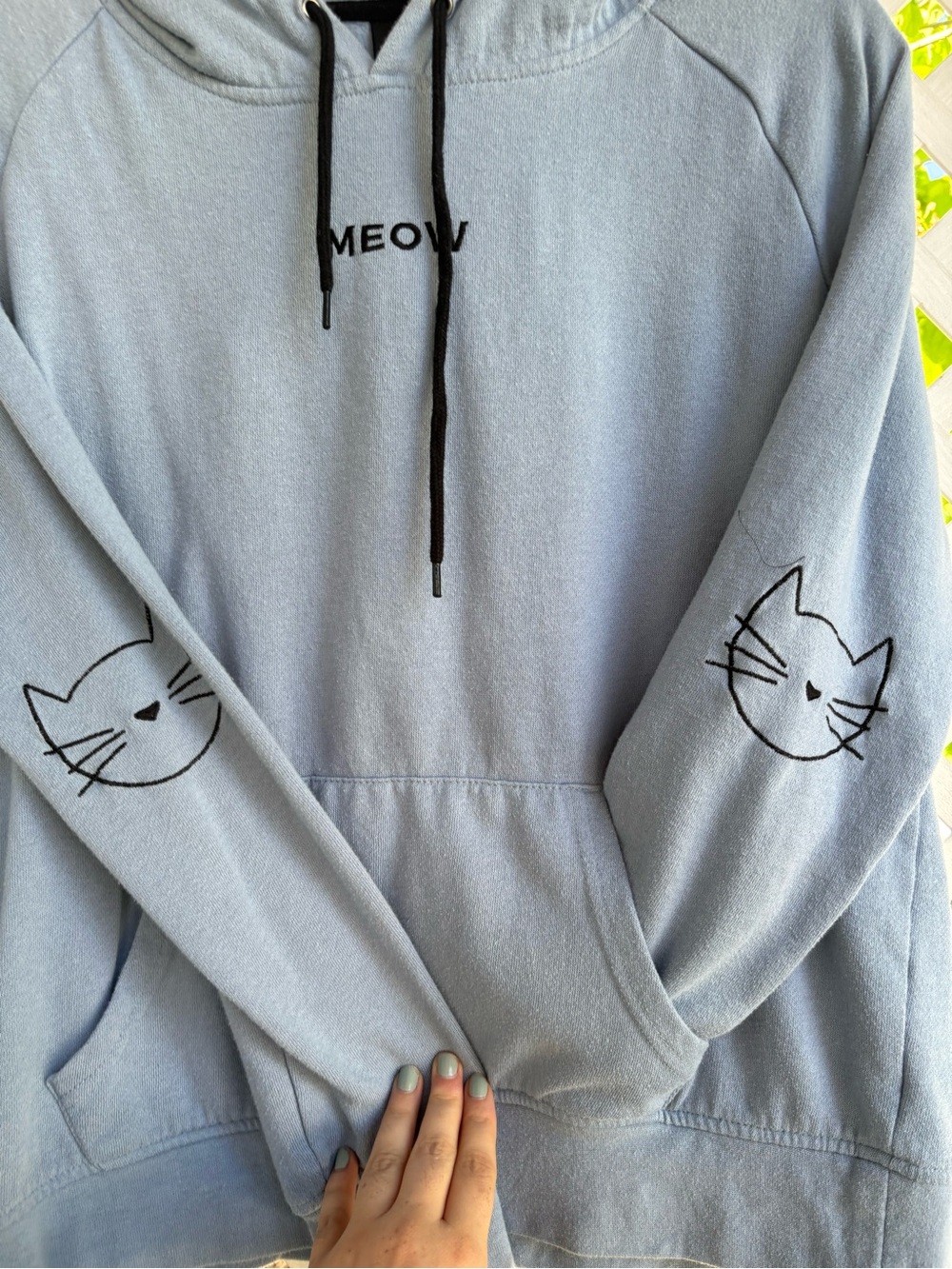 Light Blue Cat Hoodie - Cute Cat Embroidered Sleeve - Picture 3 of 5